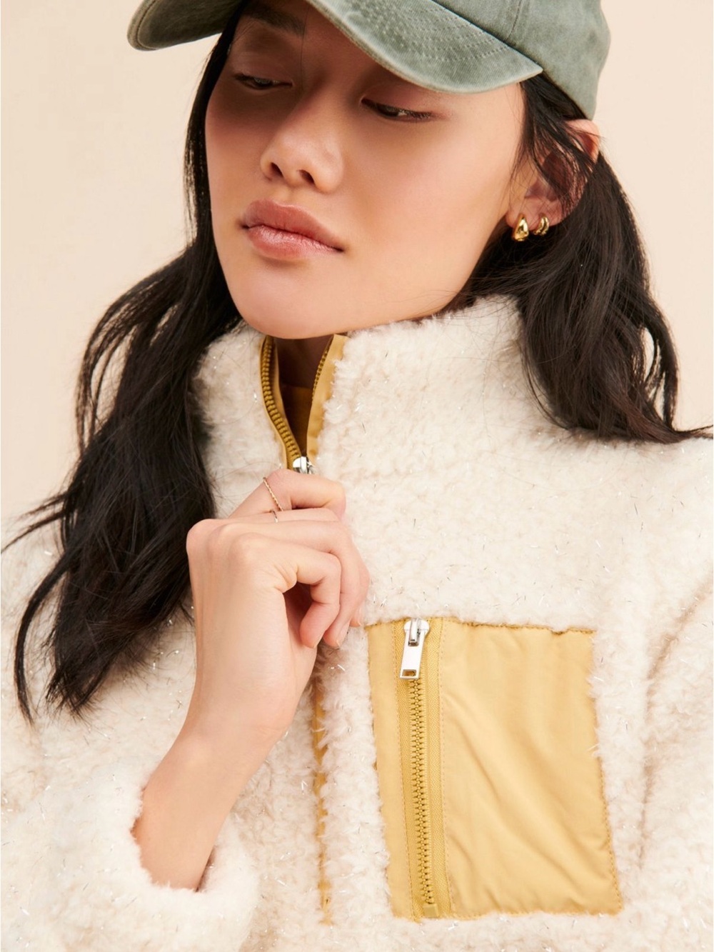 Greylin Cream Teddy Jacket with Yellow Pocket